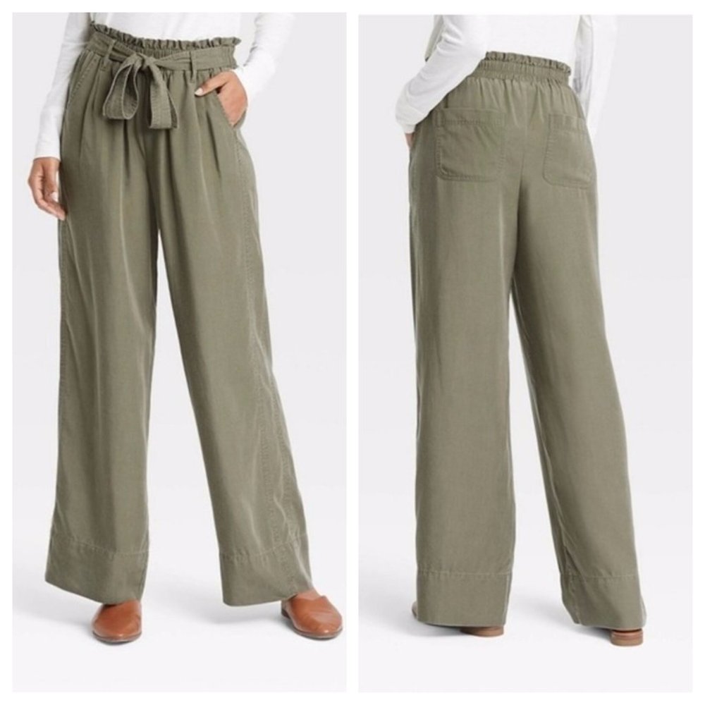 Knox Rose High-Rise Wide Leg Pants Olive Green Lyocell Size M